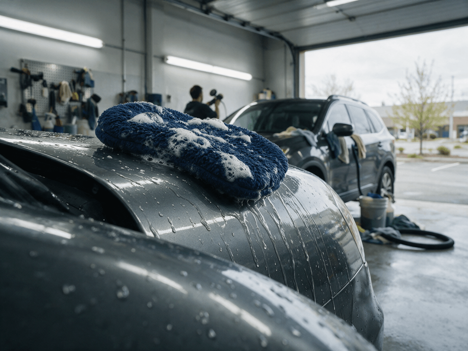 Foam wash mitt on a clean wet car door panel with water sheeting off