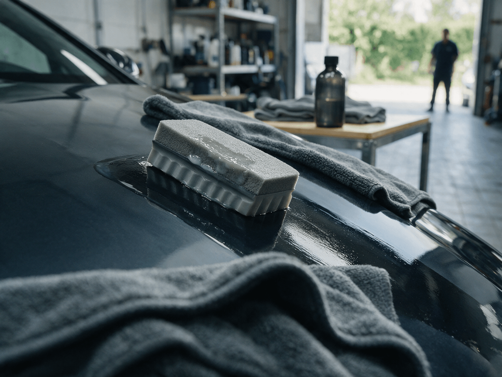 Ceramic coating being applied to a dark panel, coated section visibly glossier