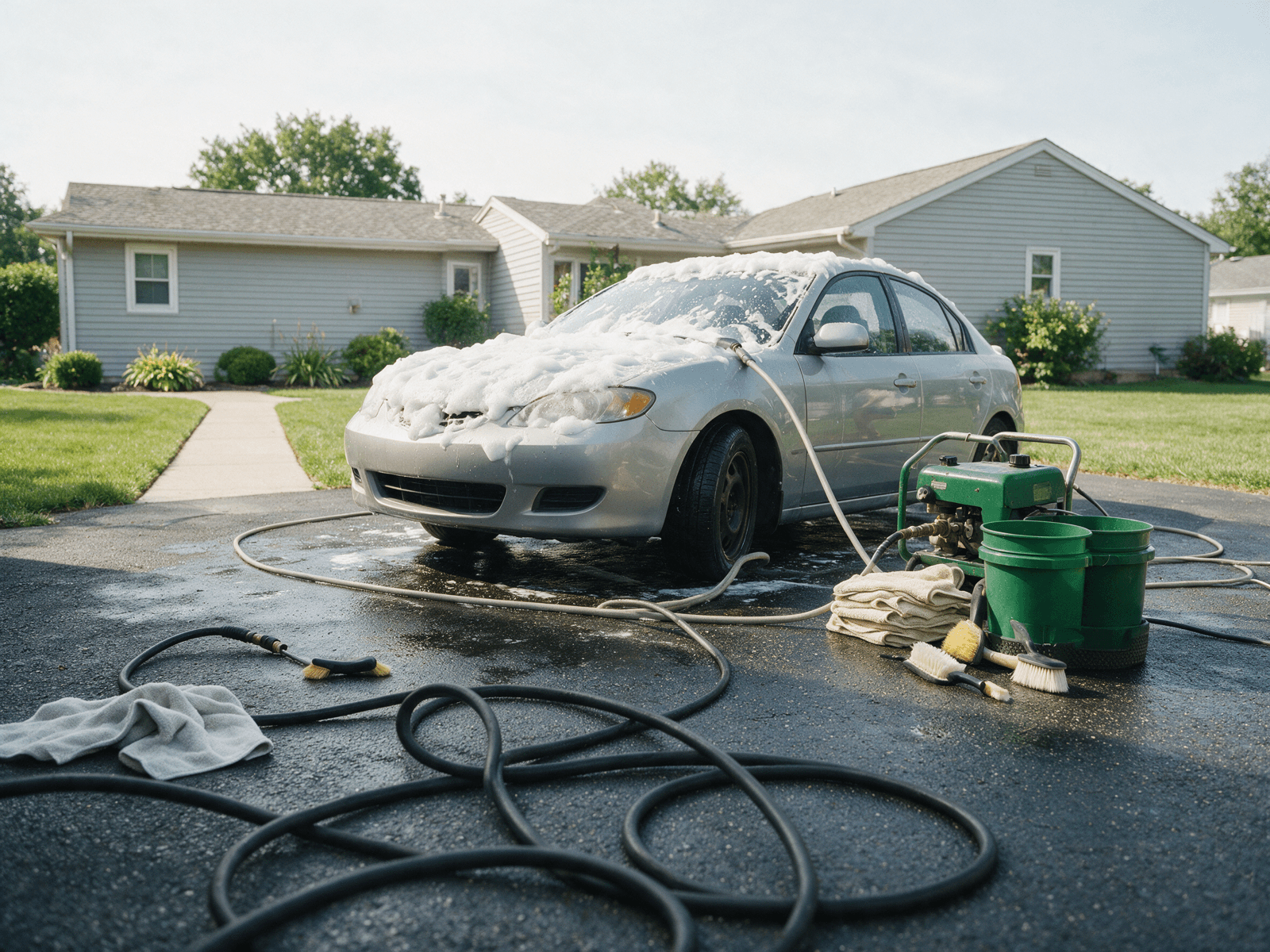 Mobile detailing setup on a residential driveway with buckets and pressure washer